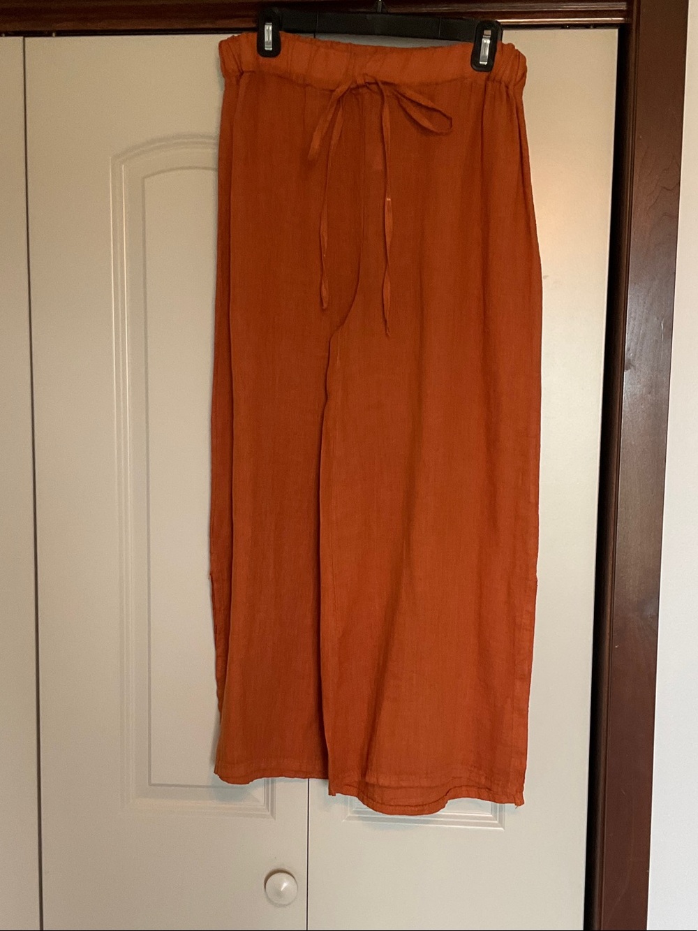 Rust Orange Wide Leg Drawstring Linen Pants
